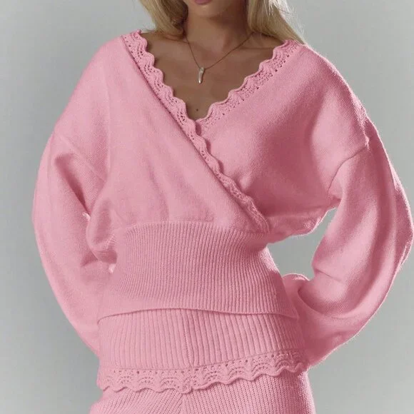 Pink Casual Women's Soft Crochet Knit Long Sleeve Top - Picture 5 of 6